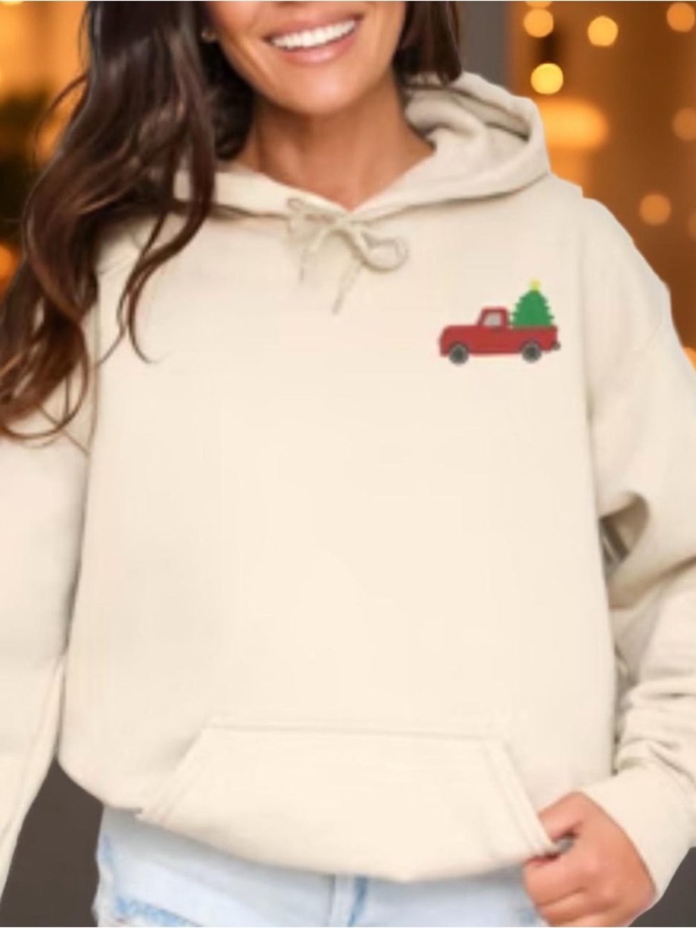 Zoe + Liv Cream Hoodie with Red Truck & Green Tree Graphic